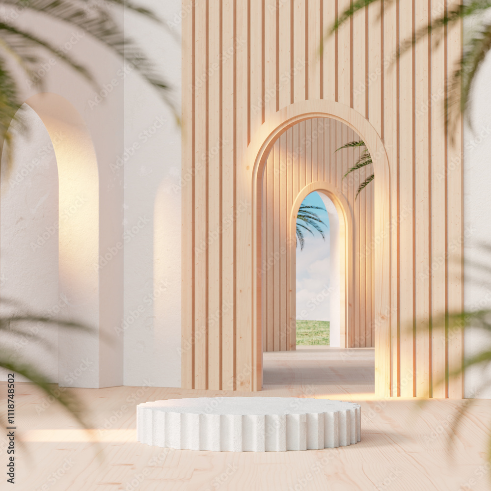 White concrete Podium on a wooden concrete tropical blue sky background for product display 3d render White concrete Podium on a wooden concrete tropical blue sky background for product display 3d render