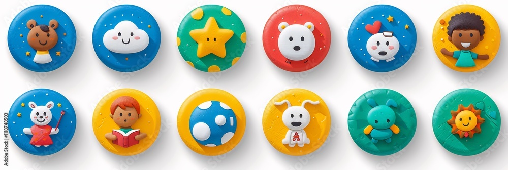 Playful rounded icon set showing children engaging activities like jumping drawing reading with simplified cute features and bright colors leaving room for customization Playful rounded icon set showing children engaging activities like jumping drawing reading with simplified cute features and bright colors leaving room for customization