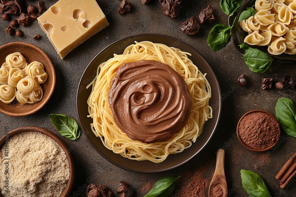 Fototapeta premium A flat lay of pasta dishes, with one bowl featuring a creamy sauce, surrounded by fresh ingredients.