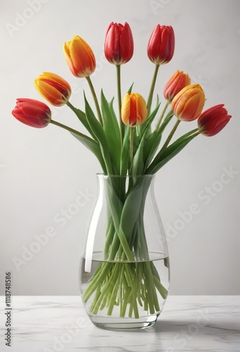 Wallpaper Mural Fresh tulips in a clear glass vase on a white background, tulip bouquet, spring flowers Torontodigital.ca