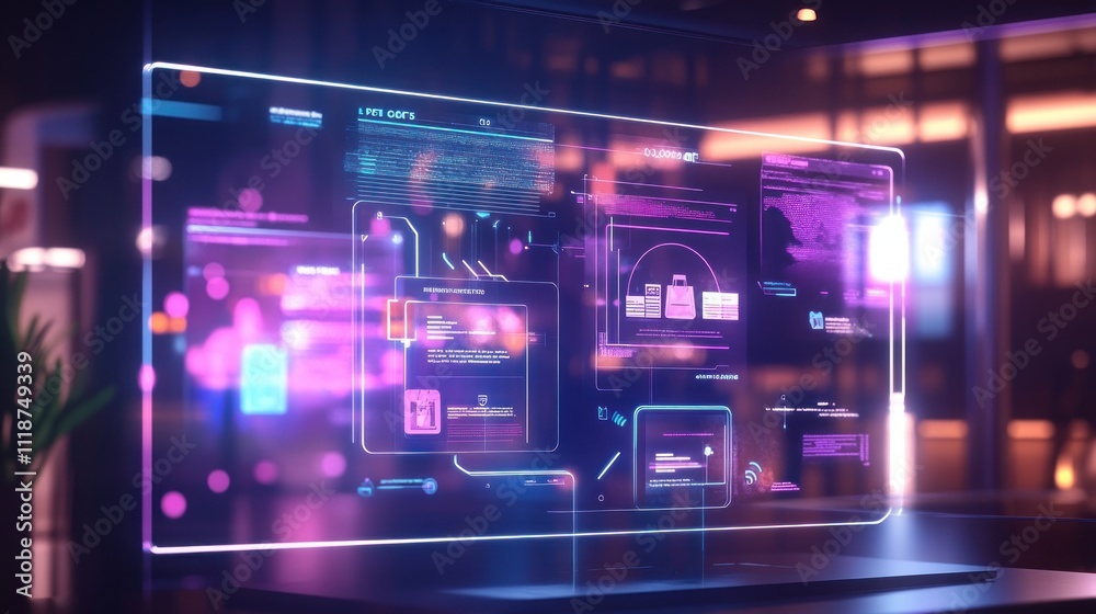 Futuristic transparent screen displays data analytics, graphs, and digital information in a modern setting. Futuristic transparent screen displays data analytics, graphs, and digital information in a modern setting.