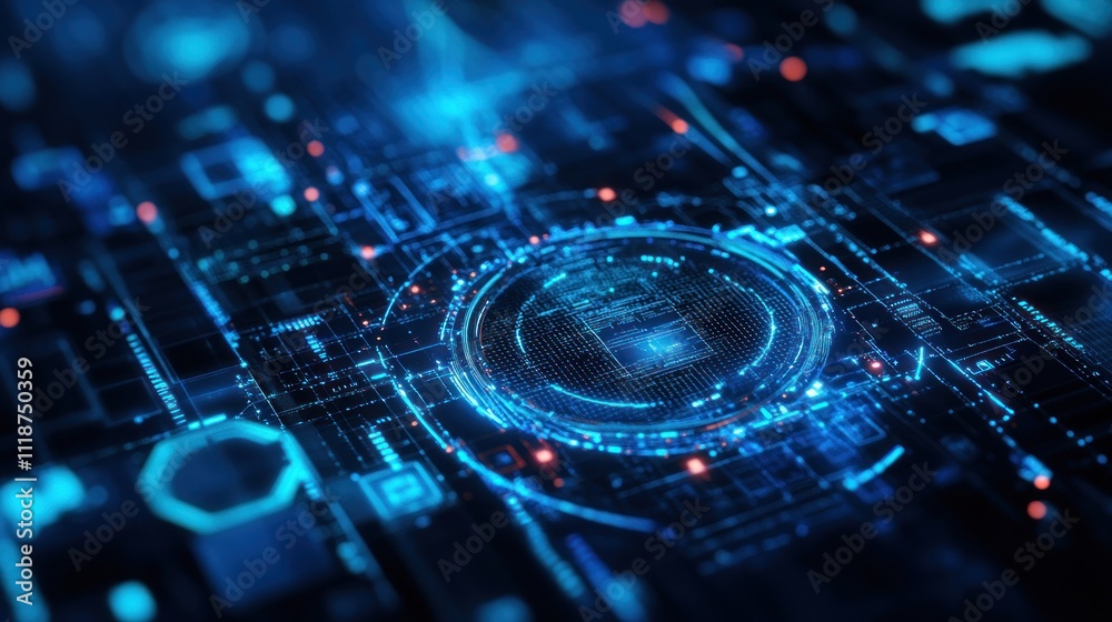 Futuristic digital interface with glowing blue and red circles and lines. Futuristic digital interface with glowing blue and red circles and lines.
