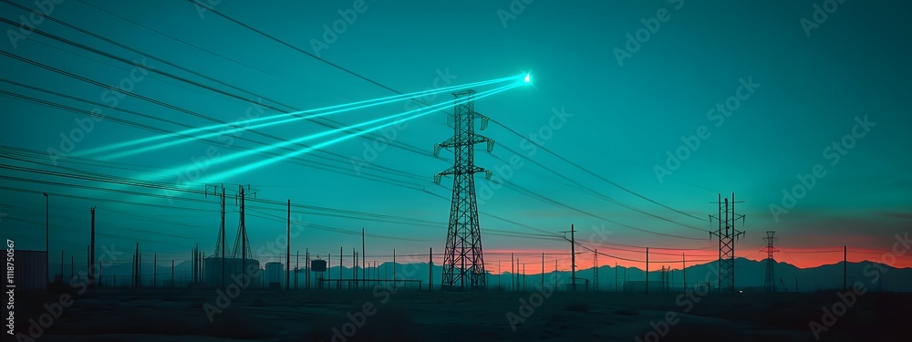 A blue sky at night with power lines leading to an electric power tower