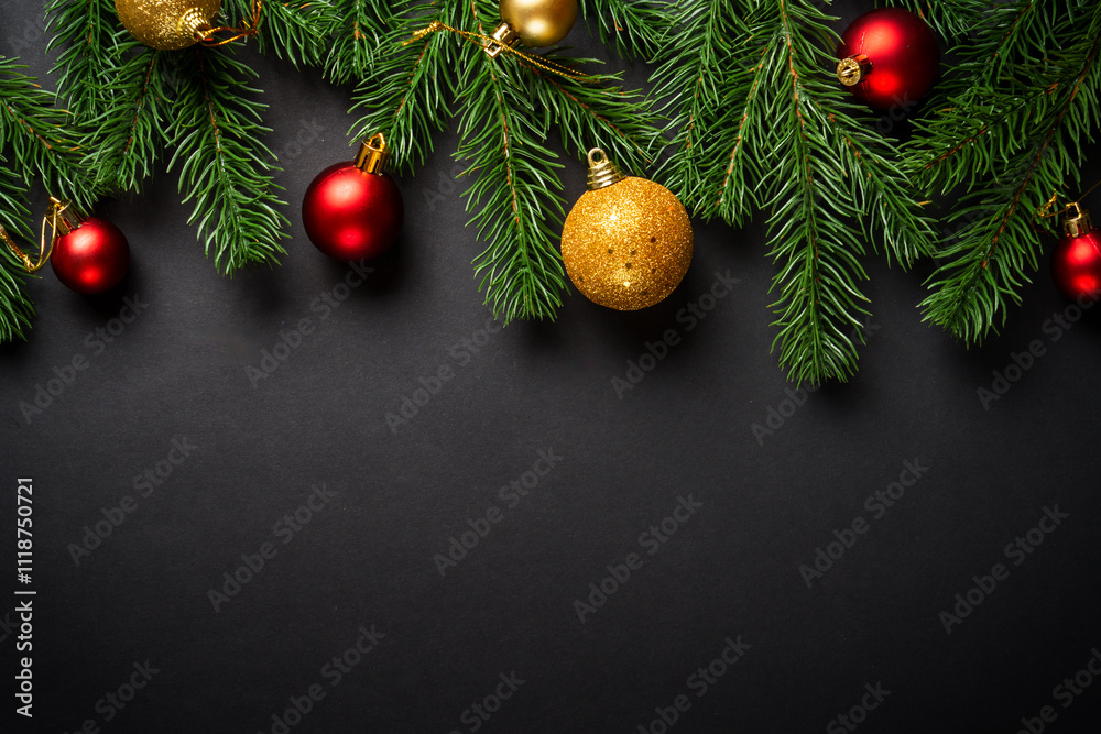 Black christmas flat lay background. Christmas tree with holidays decorations at black background. Black christmas flat lay background. Christmas tree with holidays decorations at black background.