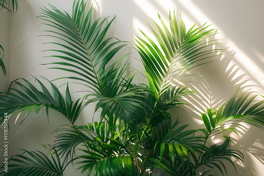 Fototapeta premium Tropical Indoor Plant with Sunlit Palms for Home Decor and Design Inspiration