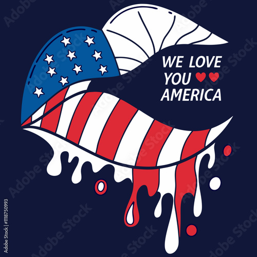 an ad for a patriotic american flag that says  we love you , a poster with a red, white, and blue background with an american flag and us love you, a fish with the words we love you