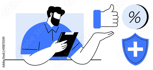 Wallpaper Mural Business professional holding clipboard gestures towards thumbs up, percentage sign, and health shield. Ideal for corporate feedback, safety, health insurance, finance, business evaluations, decision Torontodigital.ca