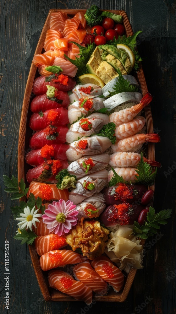 Fototapeta premium A variety of sushi is arranged on a wooden tray. Concept of traditional Japanese cuisine. For restaurant menu design or culinary blogs.