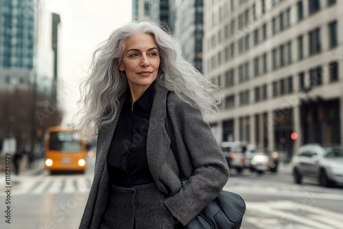 Stylish woman with gray hair walking in a city street. Generative AI