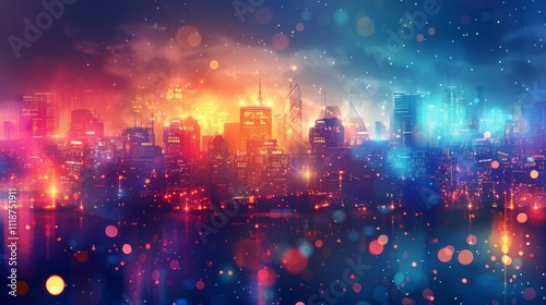 City skyline glowing with vibrant lights in a dreamy evening setting. Concept of a futuristic urban landscape at night. For digital art and design inspiration