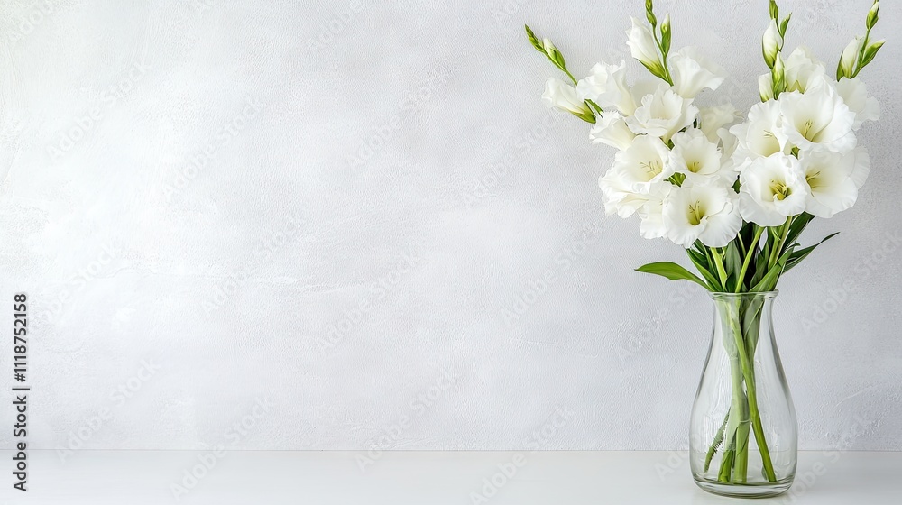 White gladiolus blossoms beautifully arranged in a glass vase rest atop a white tablecloth, illuminated by soft lighting in a serene environment White gladiolus blossoms beautifully arranged in a glass vase rest atop a white tablecloth, illuminated by soft lighting in a serene environment