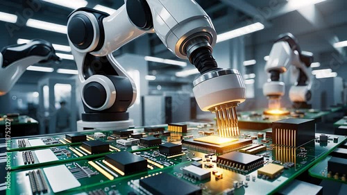 Robotic Arms Assembling Microchips on Circuit Boards in a High-Tech Electronics Manufacturing Facility

 photo