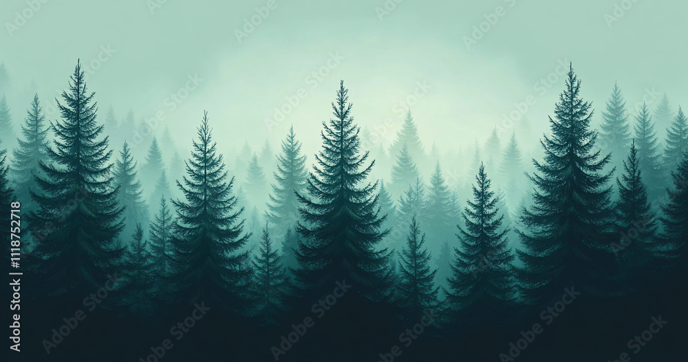 Obraz premium A tranquil evergreen forest at dawn, ideal for nature-themed designs, meditation, or promoting outdoor activities. Perfect for branding and marketing in eco-friendly events.