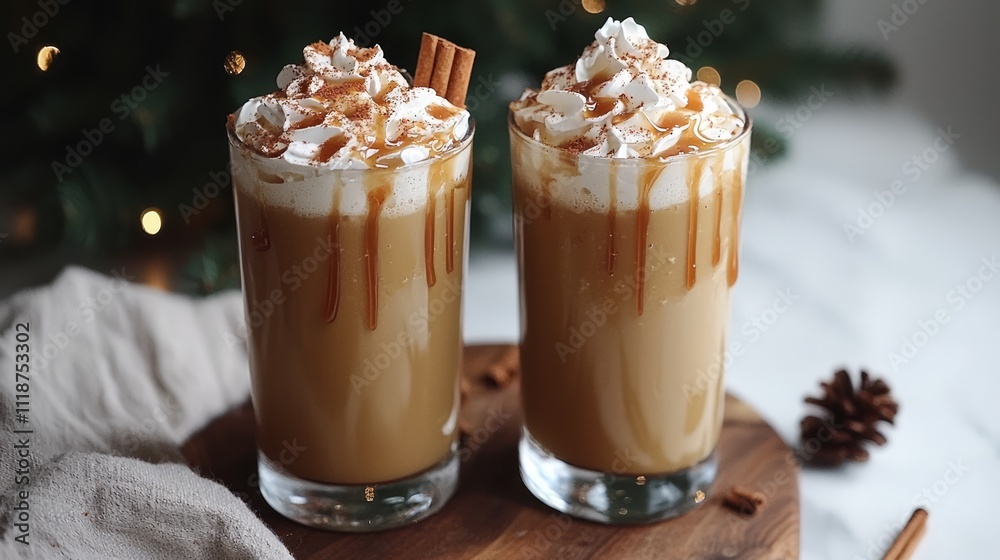 Caramel Apple Cider with Holiday Garnish: A warm cider with a caramel drizzle, topped with whipped cream and a cinnamon stick, Caramel Apple Cider with Holiday Garnish: A warm cider with a caramel drizzle, topped with whipped cream and a cinnamon stick,