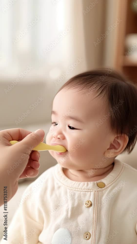 Baby enjoys feeding time with a bright smile while parent assists with a spoon