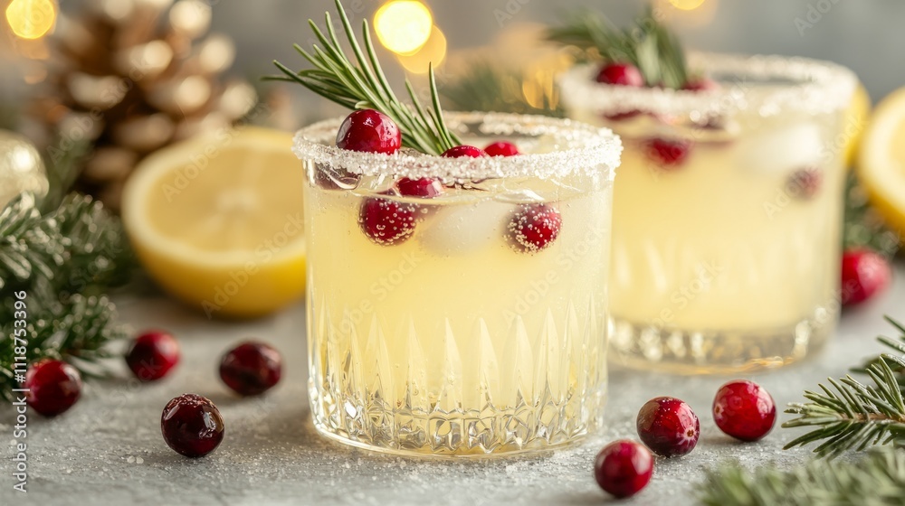 Christmas Lemonade with Sugared Rim: A bright lemonade garnished with sprigs of rosemary and sugared cranberries,