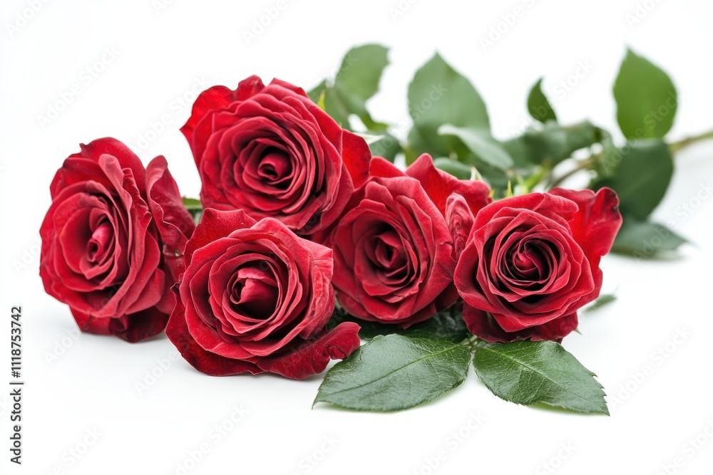 Fresh red roses arranged elegantly with vibrant green leaves on a white background