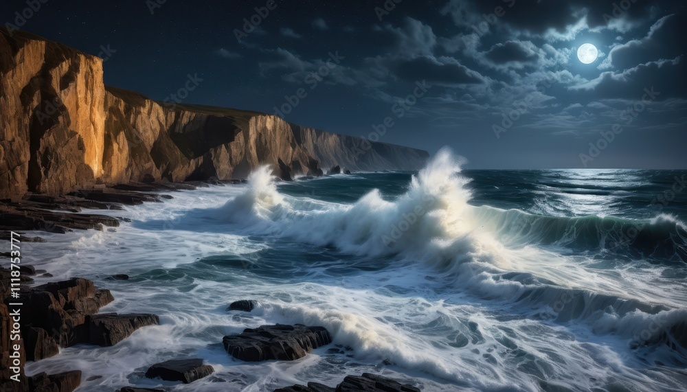 A dramatic night scene of crashing ocean waves against rugged cliffs under a bright moonlit sky. A dramatic night scene of crashing ocean waves against rugged cliffs under a bright moonlit sky.