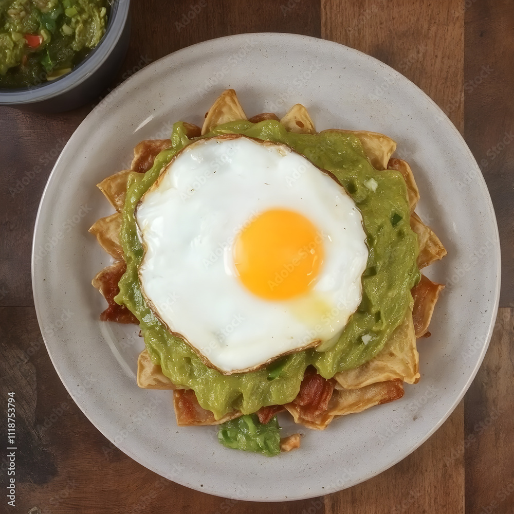 Un plato que tiene un huevo frito sobre totopos y mucho guacamole Un plato que tiene un huevo frito sobre totopos y mucho guacamole