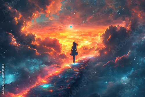 A dreamy scene of a little girl walking on a glowing rainbow bridge, holding a floating colorful ball, surrounded by clouds and magical sunlight. 