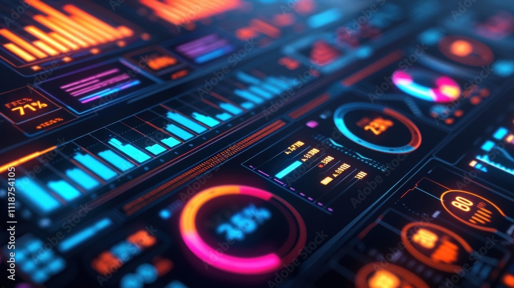 Closeup of a digital dashboard displaying realtime equipment metrics with colorful graphs and charts representing production levels and efficiency. Closeup of a digital dashboard displaying realtime equipment metrics with colorful graphs and charts representing production levels and efficiency.