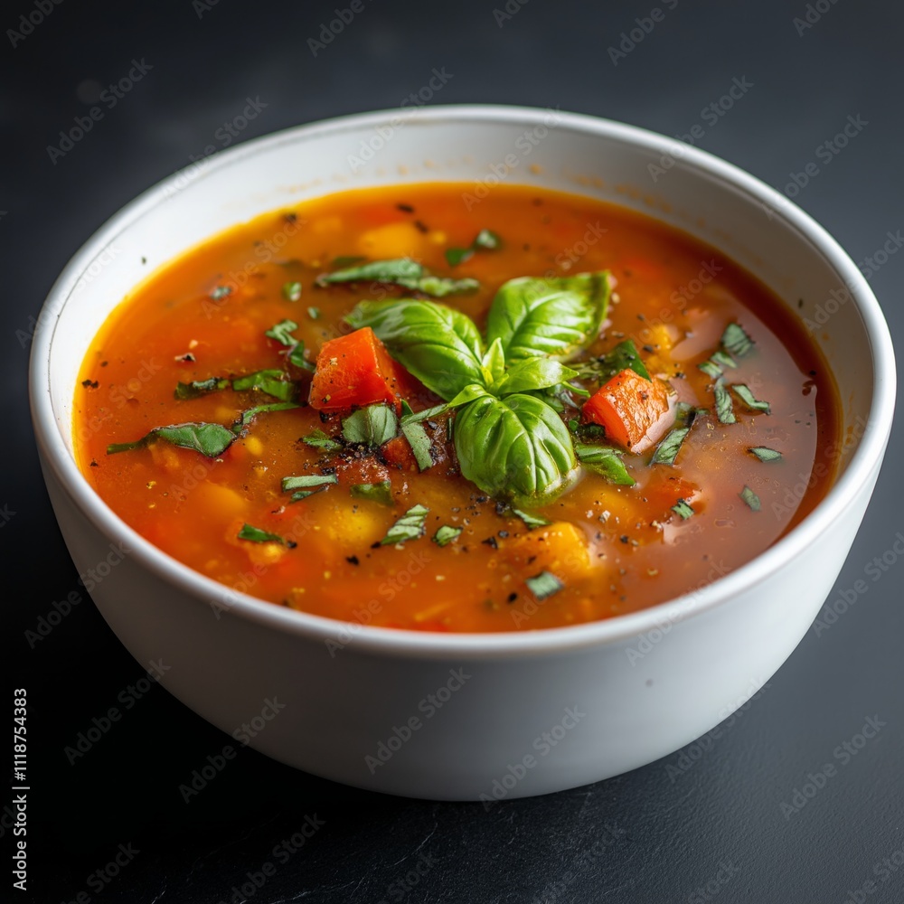 Hearty vegetable soup in white bowl with fresh basil garnish Hearty vegetable soup in white bowl with fresh basil garnish