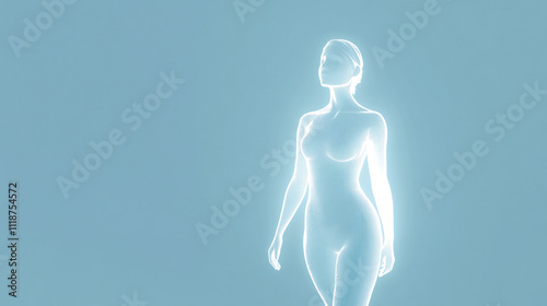 Digital wireframe silhouette of a female body glowing with blue light on a minimalist background