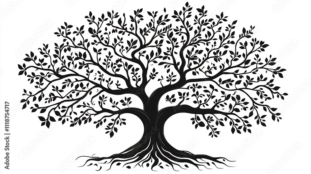 Fototapeta premium Flowing branches elegant leaves form a stylized vector family tree connecting family names and relationships with space for creative themes or text