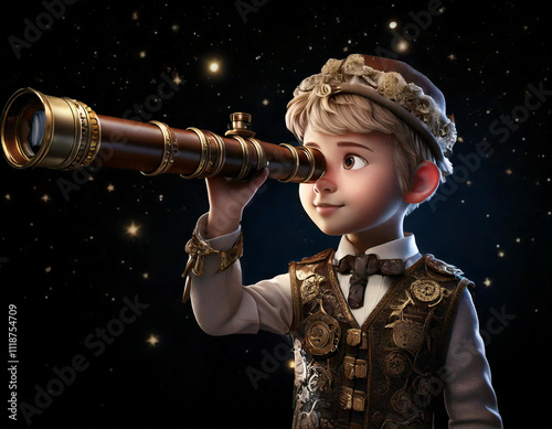 Ein Junge mit Fernrohr mit Sternenhimmel im Hintergrund