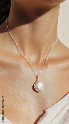 Close-up of a silver shell pendant necklace against smooth, sunlit skin, showcasing elegant jewelry design