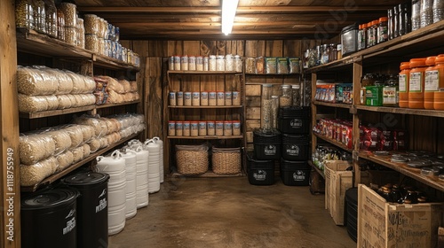 Shelves are lined with bags of grains, canned goods, and bottles in a wooden storage room. The organized space emphasizes readiness for emergencies and sustainable living. photo