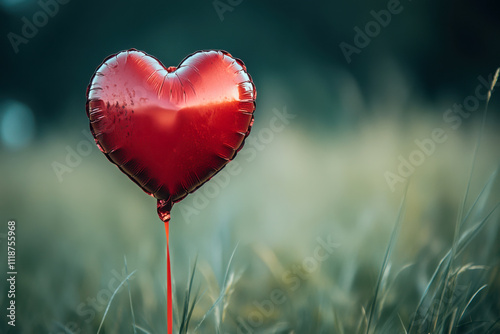 Heart-shaped balloon stands alone in a grassy field during a calm and serene moment at dusk photo