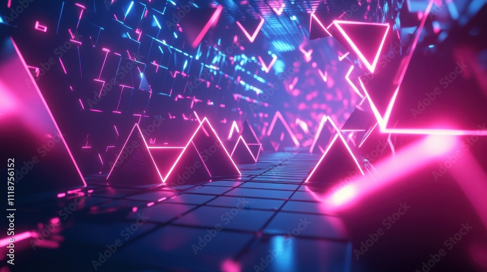 A futuristic scene featuring glowing pink and blue geometric shapes in a digital environment. A futuristic scene featuring glowing pink and blue geometric shapes in a digital environment.
