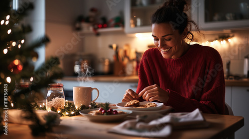 Cozy Christmas Kitchen with Woman and Holiday Treats