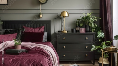 Trendy bedroom featuring a charcoal dresser, burgundy bedding, grey decor elements, brass table lamp, and minimal plants in a sophisticated environment.