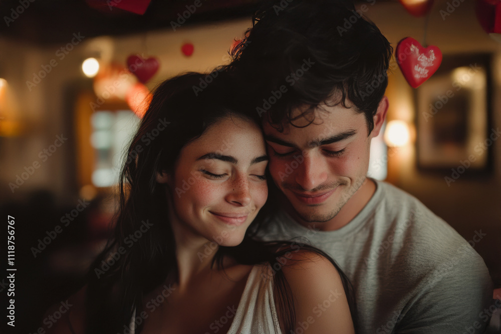 Couple sharing a tender moment surrounded by heart decorations in a cozy setting Couple sharing a tender moment surrounded by heart decorations in a cozy setting