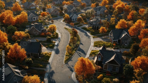 Aerial View of Suburban Neighborhood with Fall Foliage and Winding Streets photo