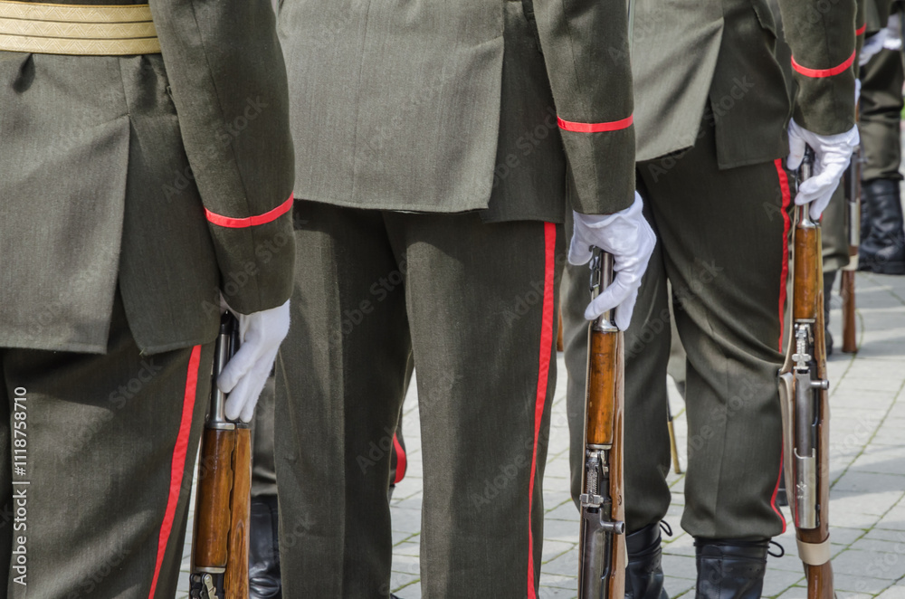 Ukrainian honor guard soldiers on military parade. Ukrainian guard in military uniform stands in a line. Ukraine troops.