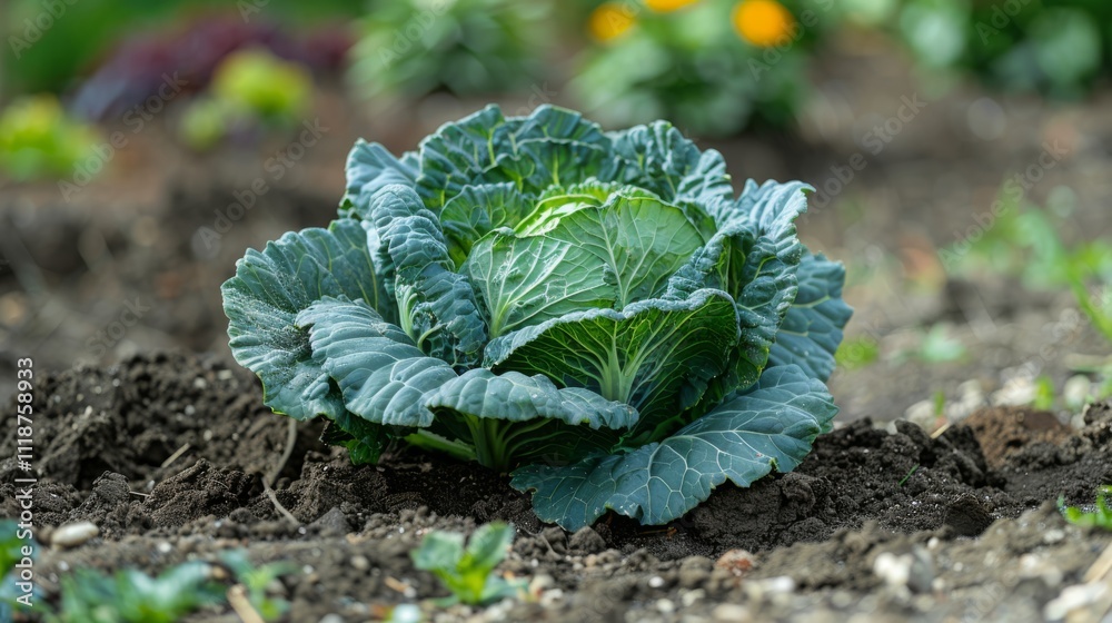 Cabbage grows in a garden surrounded by soil. Concept of fresh vegetables and gardening. For online gardening blog. Cabbage grows in a garden surrounded by soil. Concept of fresh vegetables and gardening. For online gardening blog.