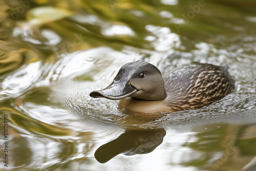 A tranquil scene of a platypus gracefully swimming in a calm river, with gentle ripples reflecting its unique bill and serene surroundings. photo