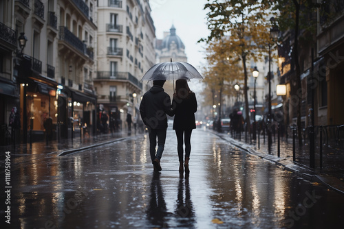 A romantic couple walking under a transparent umbrella on a rainy Paris street, with reflections on the wet pavement adding charm to the scene. photo