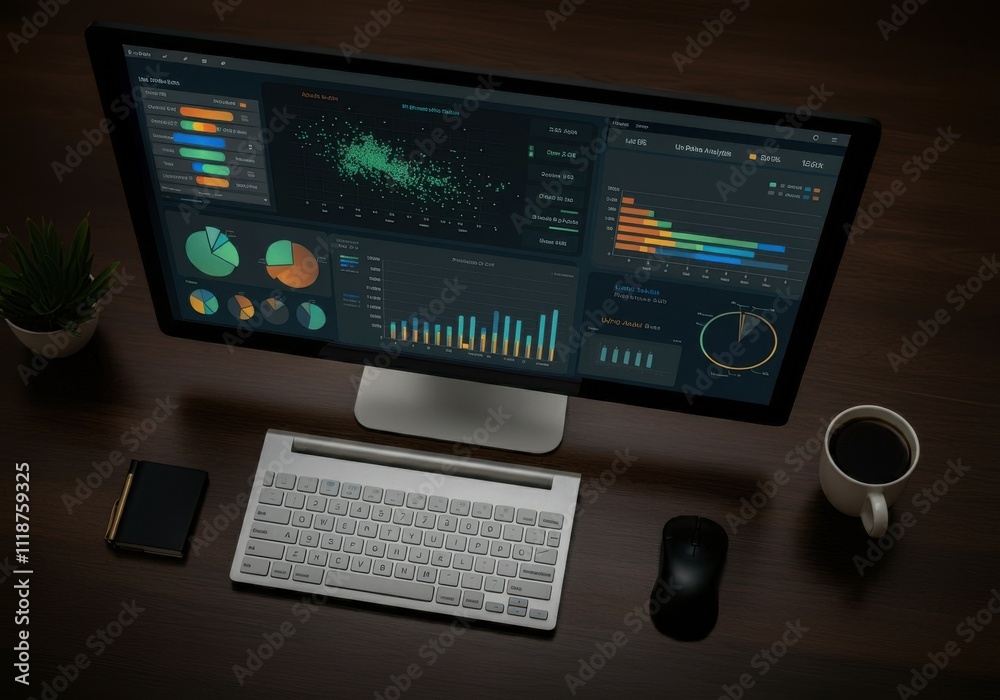 Data analysis science and big data with AI technology. Analyst or Scientist uses a computer and dashboard for analysis of information on complex data sets on computer. Insights development Data analysis science and big data with AI technology. Analyst or Scientist uses a computer and dashboard for analysis of information on complex data sets on computer. Insights development