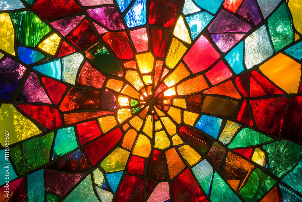 A kaleidoscopic mandala of shattered stained glass pieces, reflecting sunlight in vivid colors like ruby, sapphire, and emerald. Mosaic. AI generated.