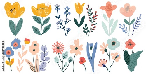 Colorful floral illustration featuring various hand-drawn flowers with vibrant petals and leaves, perfect for spring-themed designs and decorations.