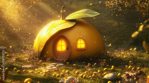 A fantastical house shaped like a radiant yellow lemon with a curved leaf roof, warm glowing door and windows, nestled in a meadow surrounded by flowers.