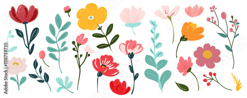 Collection of spring colorful flower elements vector. Set floral of wildflower, leaf branch, foliage on white background. Hand drawn blossom illustration for decor, easter, sticker, clipart, print.