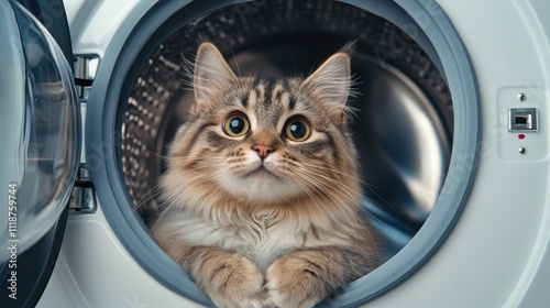 A cute fat cat stares with wide eyes from the inside of a washing machine, surrounded by a bright and airy environment photo