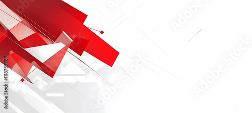 The image showcases a dynamic abstract composition featuring overlapping red and white geometric shapes creating a visually striking and modern design.