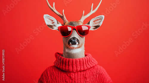 portrait of a reindeer, hand holding a deer, deer in a background, red background