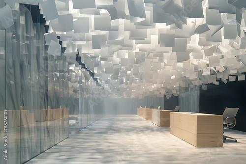 surreal office space, an office perched at the brink of a dream desks spiraling elegantly upward, papers completing tasks on their own, and a ceiling revealing a universe of creative potential photo